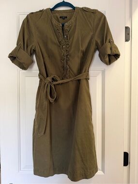 Talbots Olive Belted Ruffle-Front Midi Dress